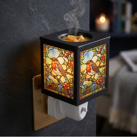 Robin Stained Glass Plug-In Lamp, 14cm