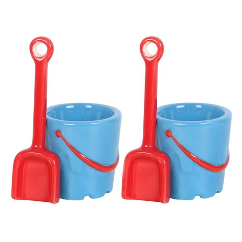 SET OF 2 BUCKET SHAPED CERAMIC EGG CUPS WITH SPADE SPOONS