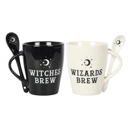WITCH AND WIZARD COUPLES MUG AND SPOON SET