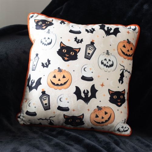 35CM SQUARE SPOOKY CAT AND PUMPKIN PRINT CUSHION