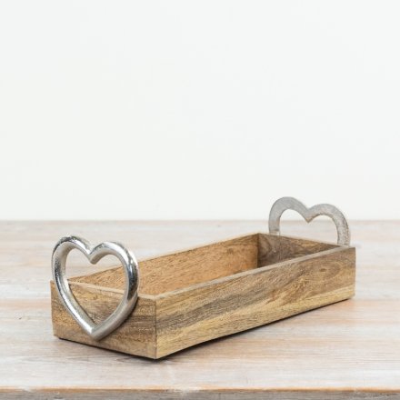 Wood Tray with Silver Heart Handle, 32cm