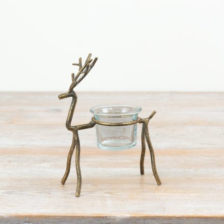 Gold Reindeer T-Light Holder, 15.5cm