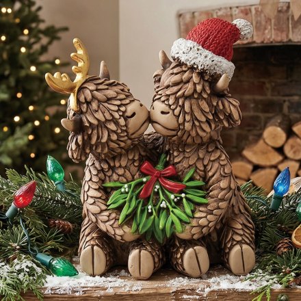Xmas Highland Cows Mistletoe Deco