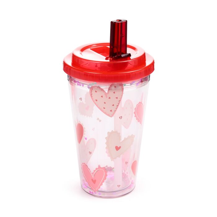 Shatterproof Double Walled Cup with Lid and Straw - Amore Hearts