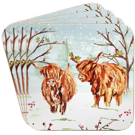 Set of 4 Highland Cow Coaster, 11cm