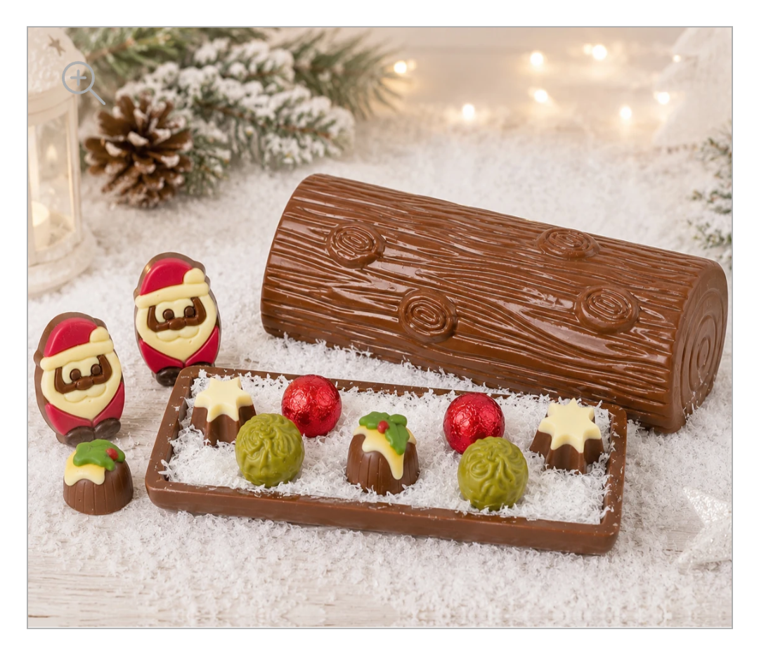 Festive Christmas Log. 10 Luxury Chocolates Inside 2 Thick Milk Chocolate Logs in a Gift Bag