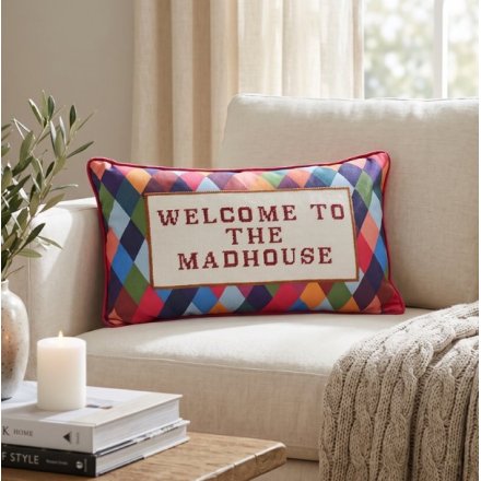 "Welcome to the Madhouse" Cushion, 50cm