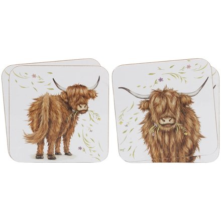 Set of 4 Highland Cow Coasters, 11cm