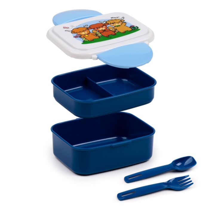 Adoramals Highland Coo Cow Clip Lock Stacked Bento Lunch Box with Cutlery
