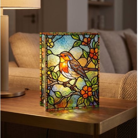 LED Robin Stained Glass Light, 21cm