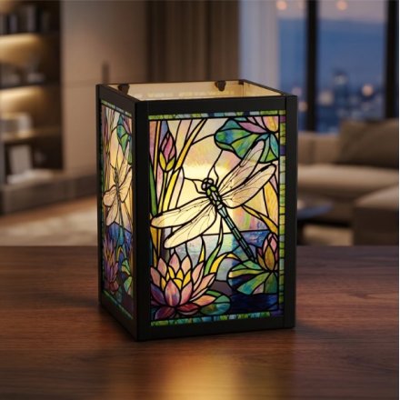 Stained Glass Tealight Dragonfly Holder, 15cm