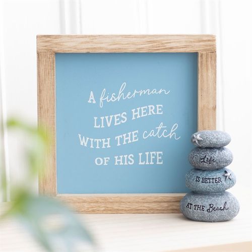 A FISHERMAN LIVES HERE WOODEN FRAME SIGN