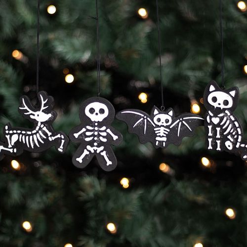 SET OF 4 BLACK CREEPY SKELETON COOKIE ORNAMENTS