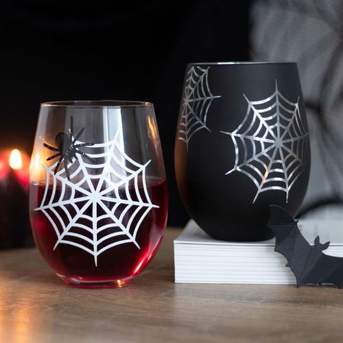 SET OF 2 SPIDER AND WEB STEMLESS WINE GLASSES
