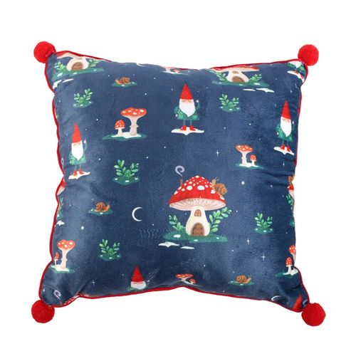35CM SQUARE GNOME PRINT CUSHION WITH POM POMS - LAST CHANCE