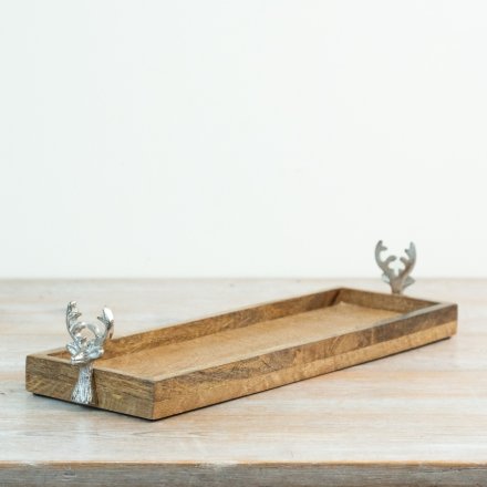 Wooden Tray with Aluminium Stag Handles – 34cm