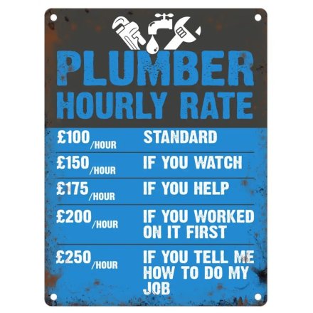 Plumber Hourly Rate Metal Sign, 20cm