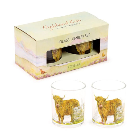 Glass Tumbler Set of 2 250ml - Jan Pashley Highland Coo