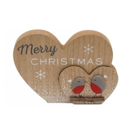Merry Christmas Heart Robin Plaque, 22cm