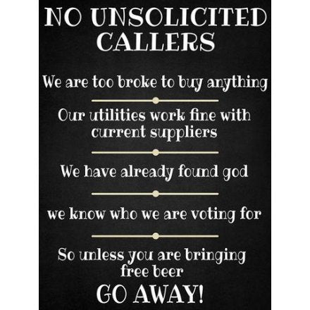 No Unsolicited Callers Metal Sign, 20cm
