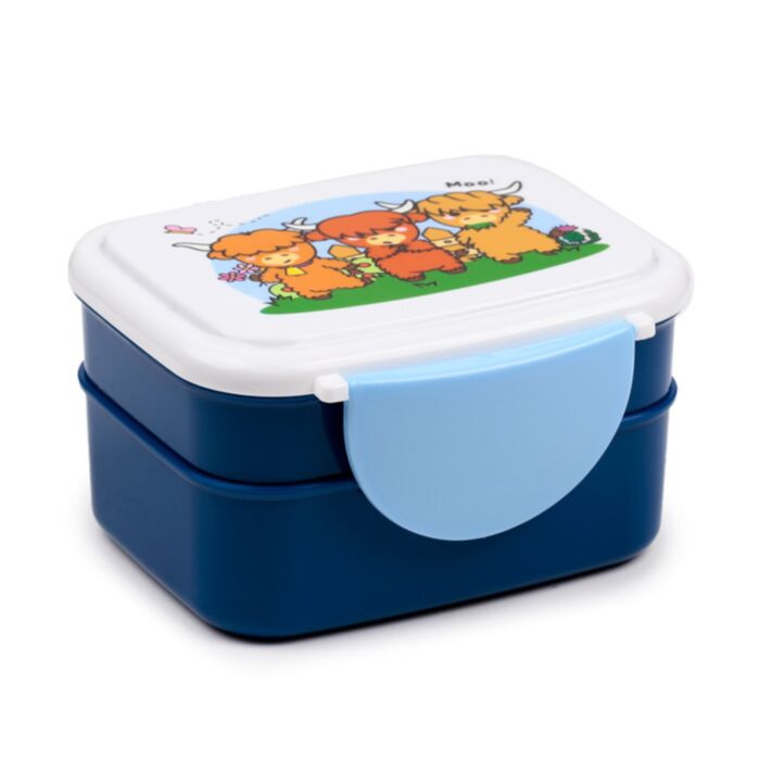 Adoramals Highland Coo Cow Clip Lock Stacked Bento Lunch Box with Cutlery