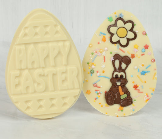 Flat White Chocolate Easter Egg with Milk Chocolate Rabbit & Sprinkles