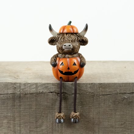 Highland Cow Sat in Pumpkin Shelf Sitter, 10.5cm