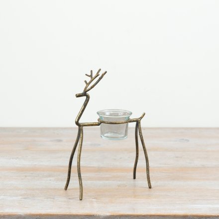 Gold Reindeer T-Light Holder, 21cm