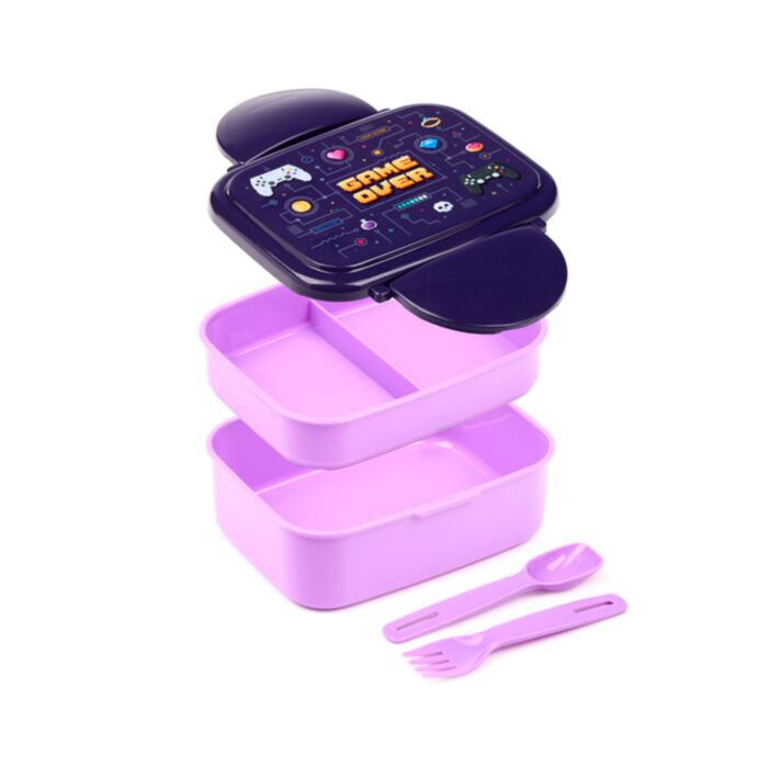 Game Over Clip Lock Stacked Bento Lunch Box with Cutlery