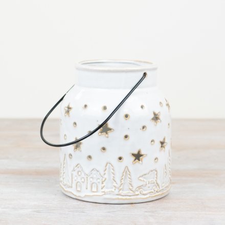 White Festive Scene Lantern 15cm