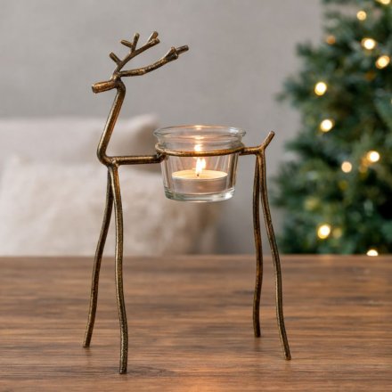Gold Reindeer T-Light Holder, 28cm