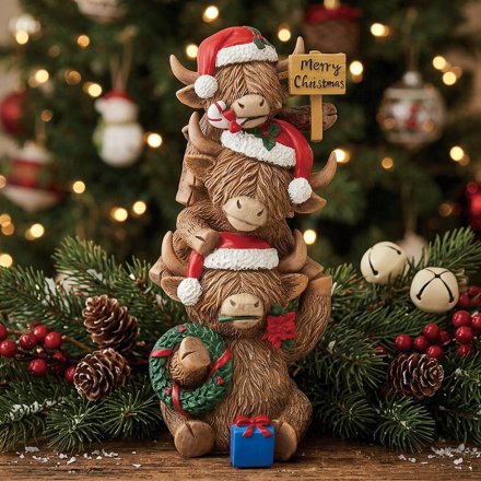 Xmas Highland Cow Family Deco, 20cm