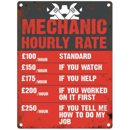 Mechanic Hourly Rate Metal Sign, 20cm