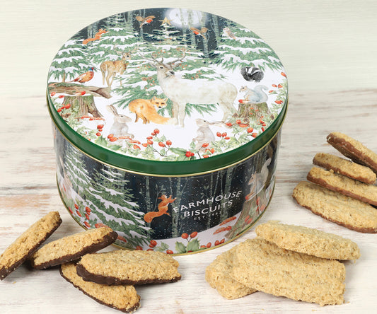 Woodland Scene Large Biscuit Tin With Chocolate & Oat Flips